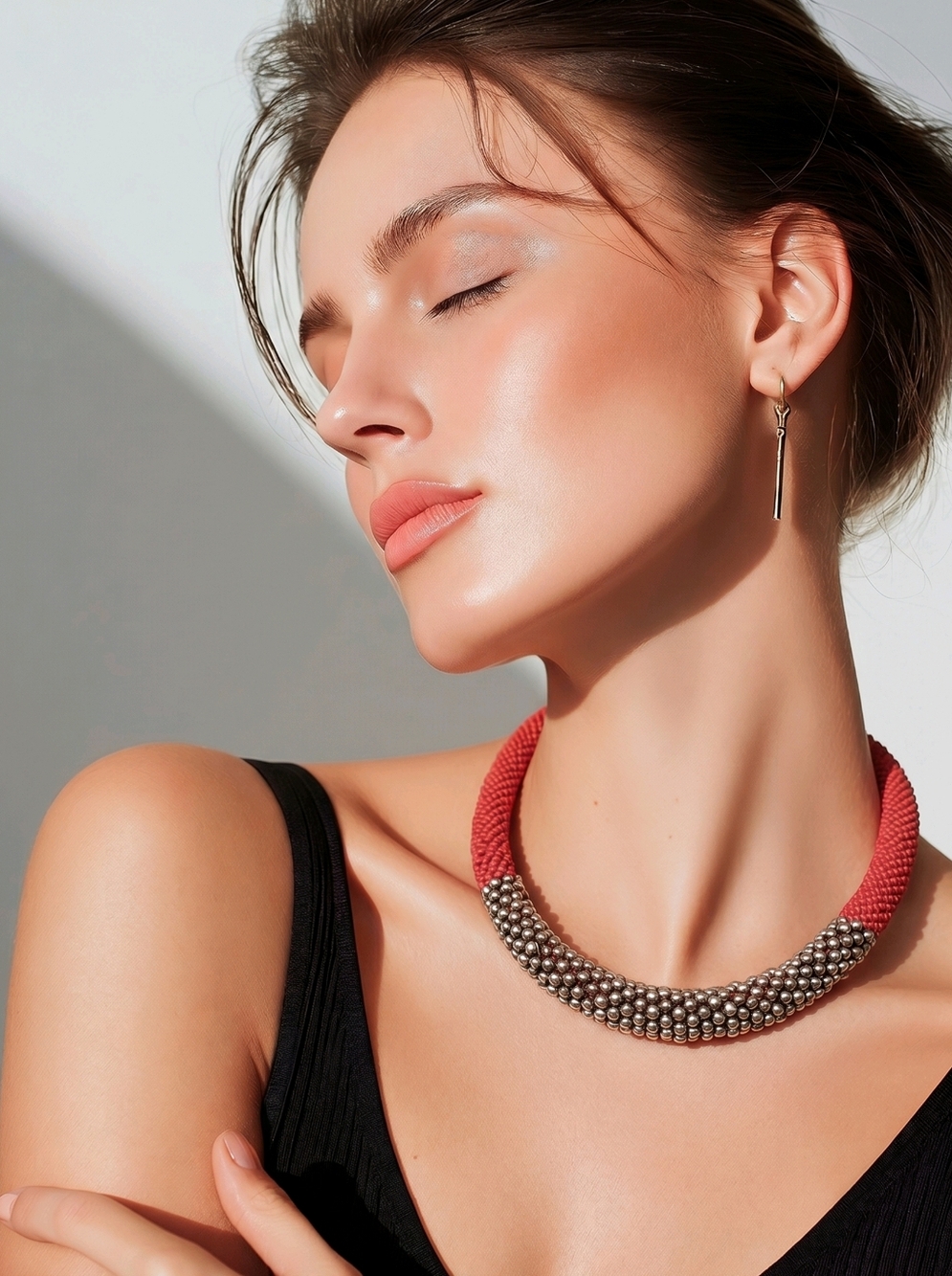 Chunky Bohemian Vintage Deep Red and Silver Beaded Necklace